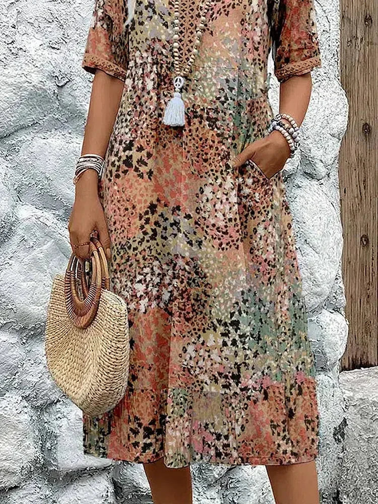 Moxie | Women's Cotton Print V-Neck Relaxed Midi Dress