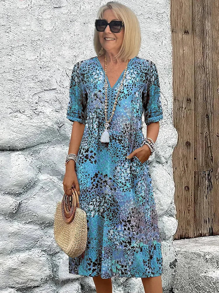 Moxie | Women's Cotton Print V-Neck Relaxed Midi Dress
