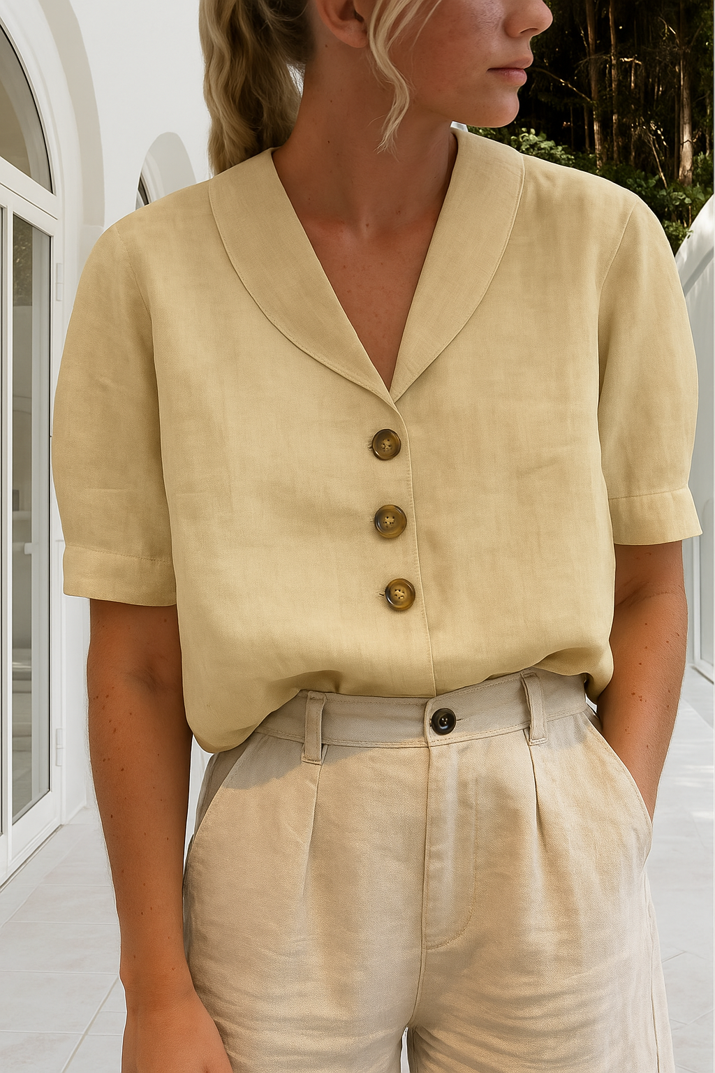 Nadia | Women's Linen Button-Down Short Sleeve Blouse