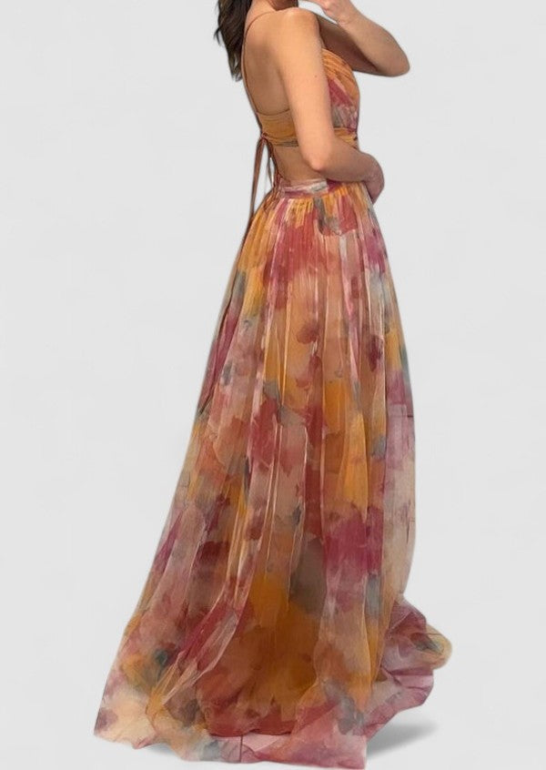 Isolde's Painted Drape | Backless Chiffon Maxi Dress