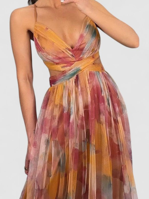 Isolde's Painted Drape | Backless Chiffon Maxi Dress
