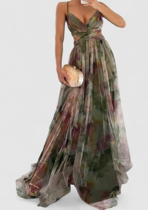 Isolde's Painted Drape | Backless Chiffon Maxi Dress