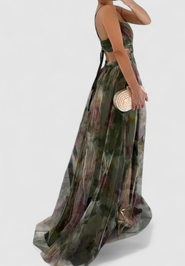 Isolde's Painted Drape | Backless Chiffon Maxi Dress