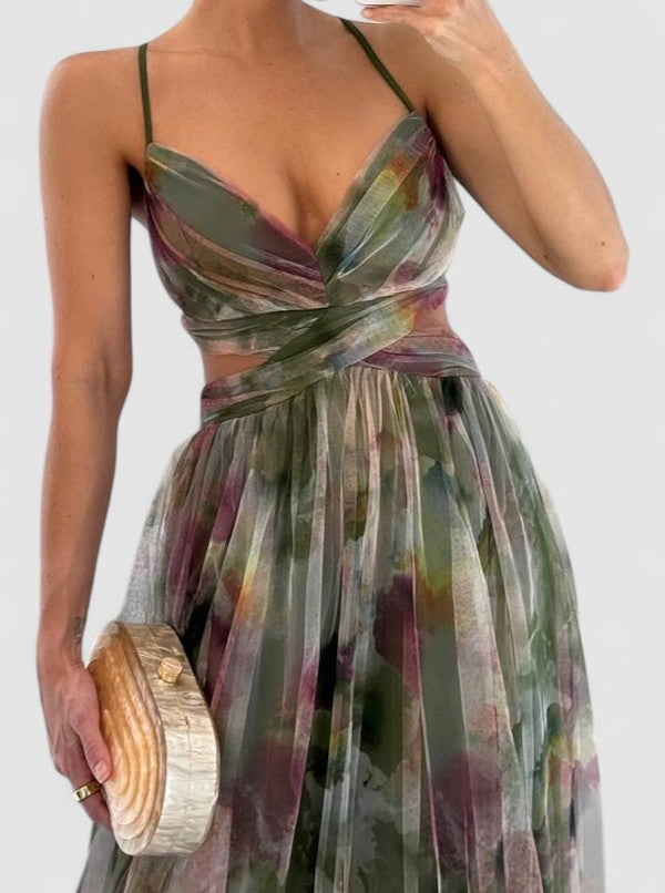 Isolde's Painted Drape | Backless Chiffon Maxi Dress