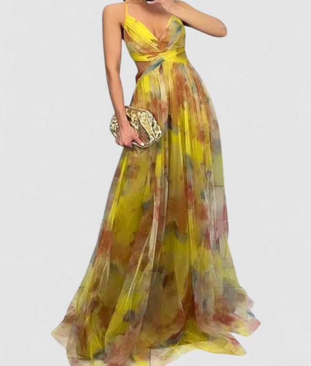 Isolde's Painted Drape | Backless Chiffon Maxi Dress