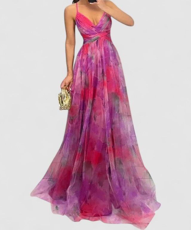 Isolde's Painted Drape | Backless Chiffon Maxi Dress