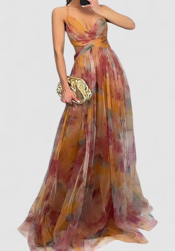 Isolde's Painted Drape | Backless Chiffon Maxi Dress