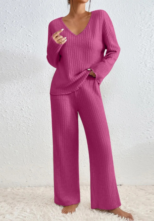 Neve | Women's Cotton-Blend Ribbed V-Neck Knit Lounge Set