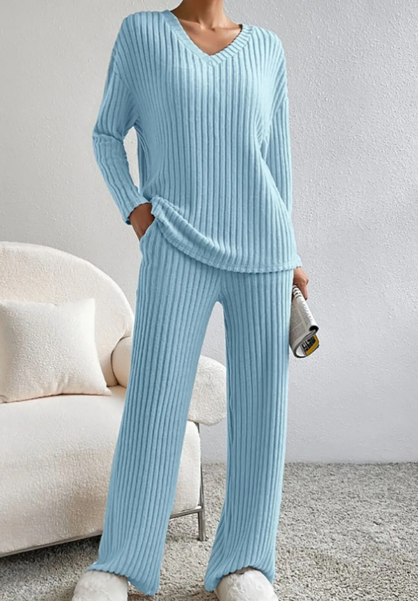 Neve | Women's Cotton-Blend Ribbed V-Neck Knit Lounge Set