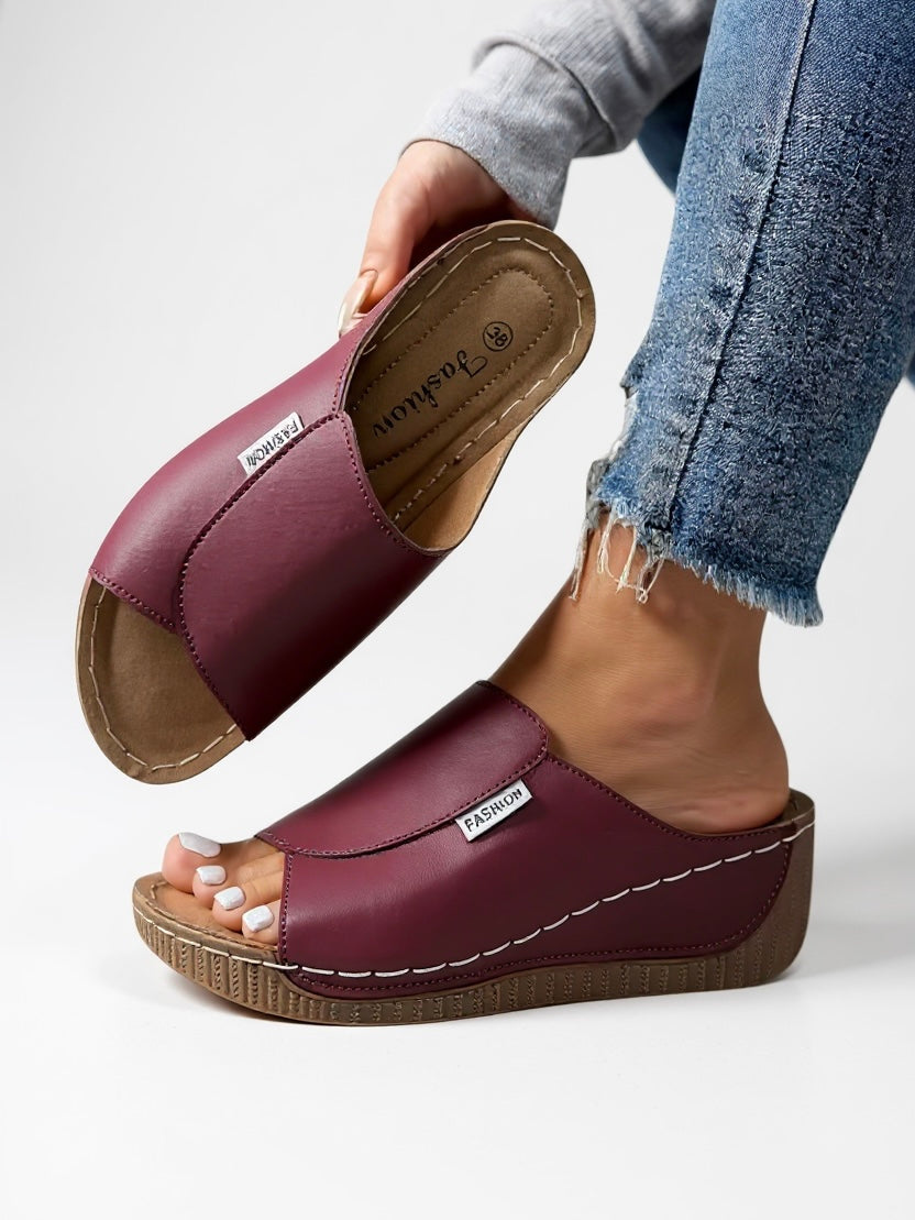 Neve | Women's Leather Comfort Wedge Slide Sandals