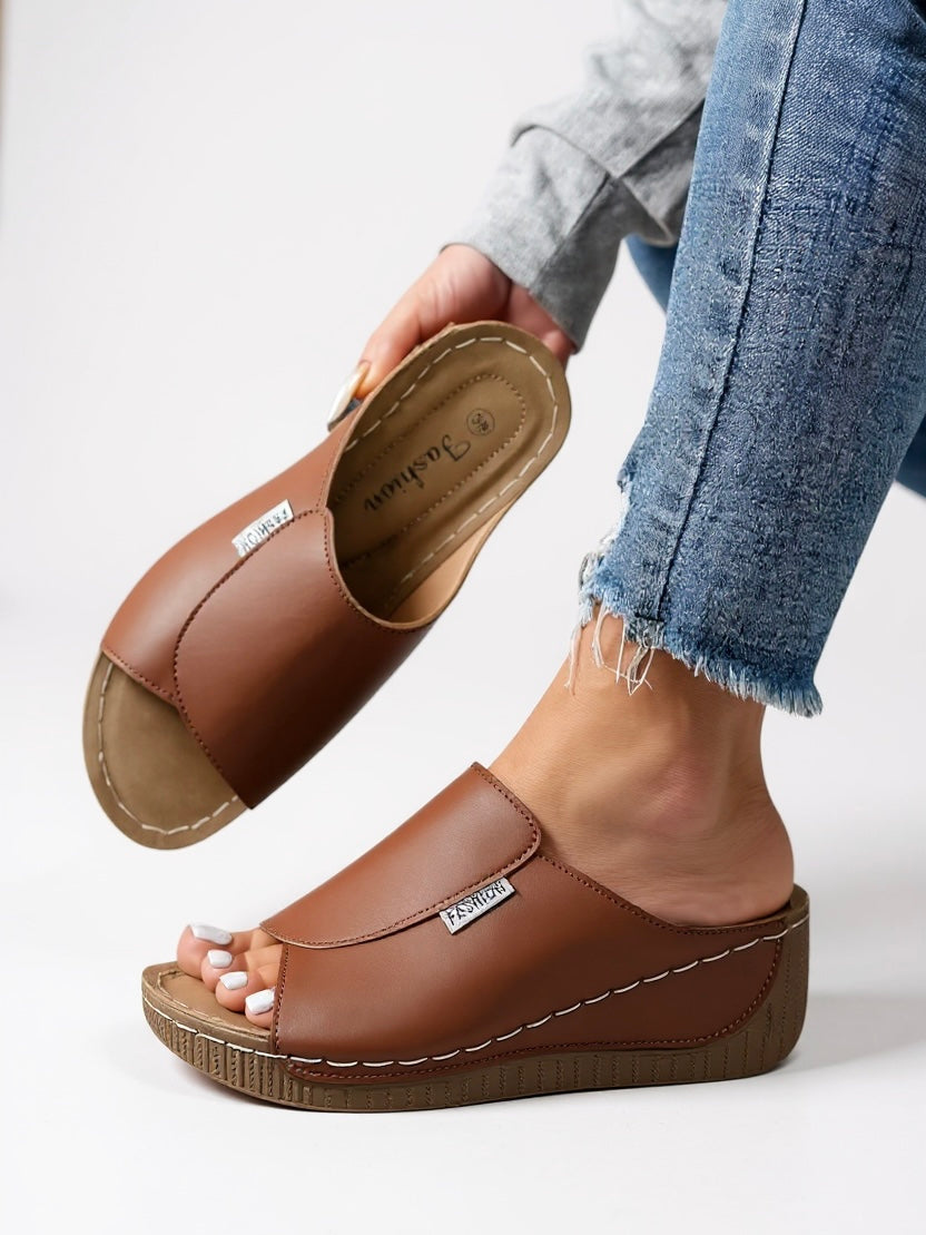Neve | Women's Leather Comfort Wedge Slide Sandals