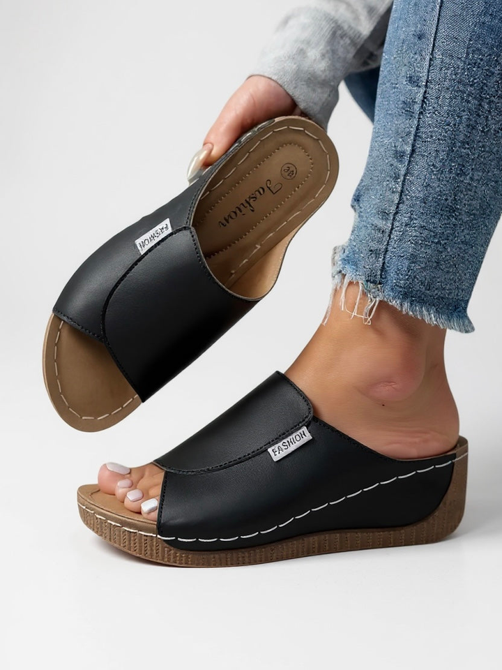 Neve | Women's Leather Comfort Wedge Slide Sandals