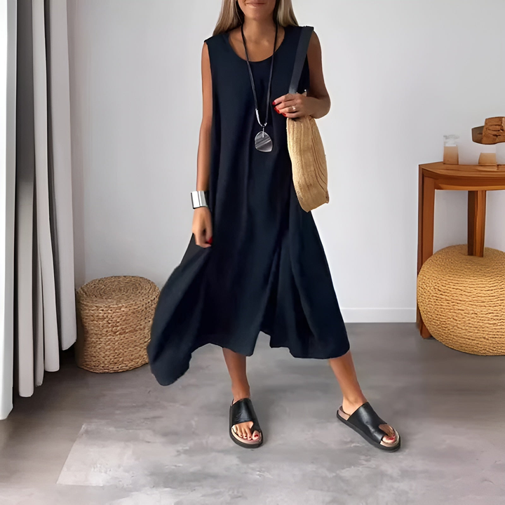 Neve | Women's Linen Sleeveless V-Neck Relaxed Midi Dress