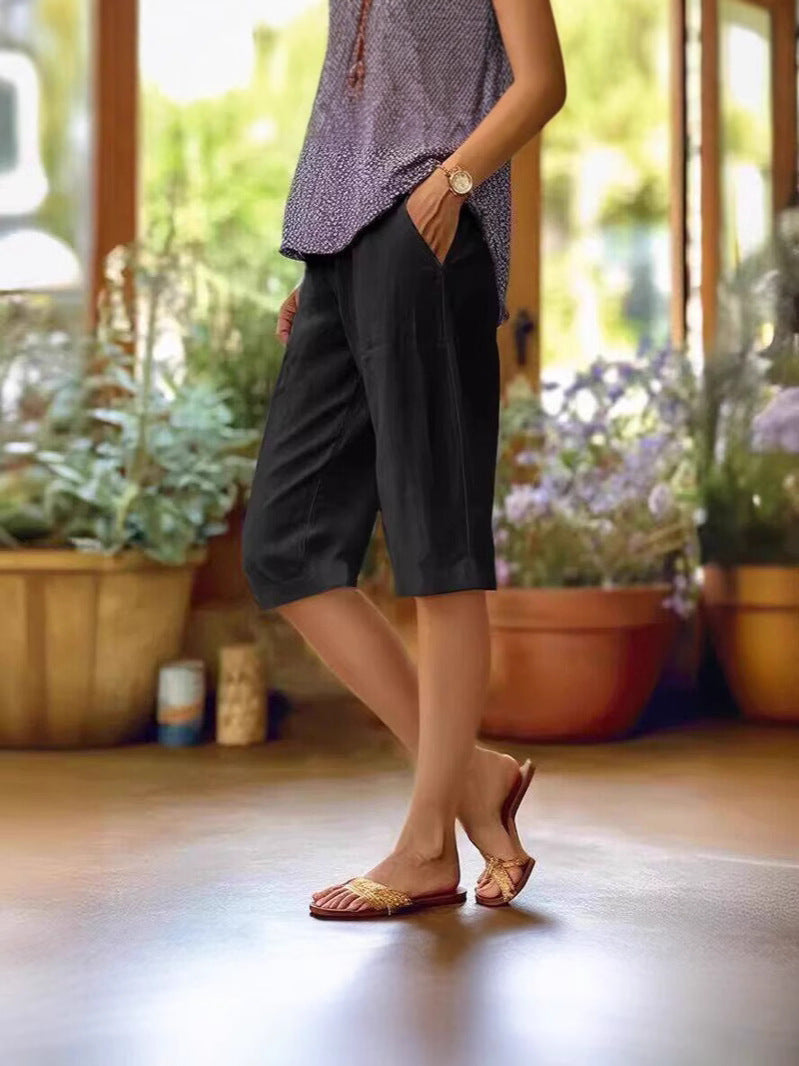 Neve | Women's Linen Wide-Leg Cropped Culotte Shorts Casual