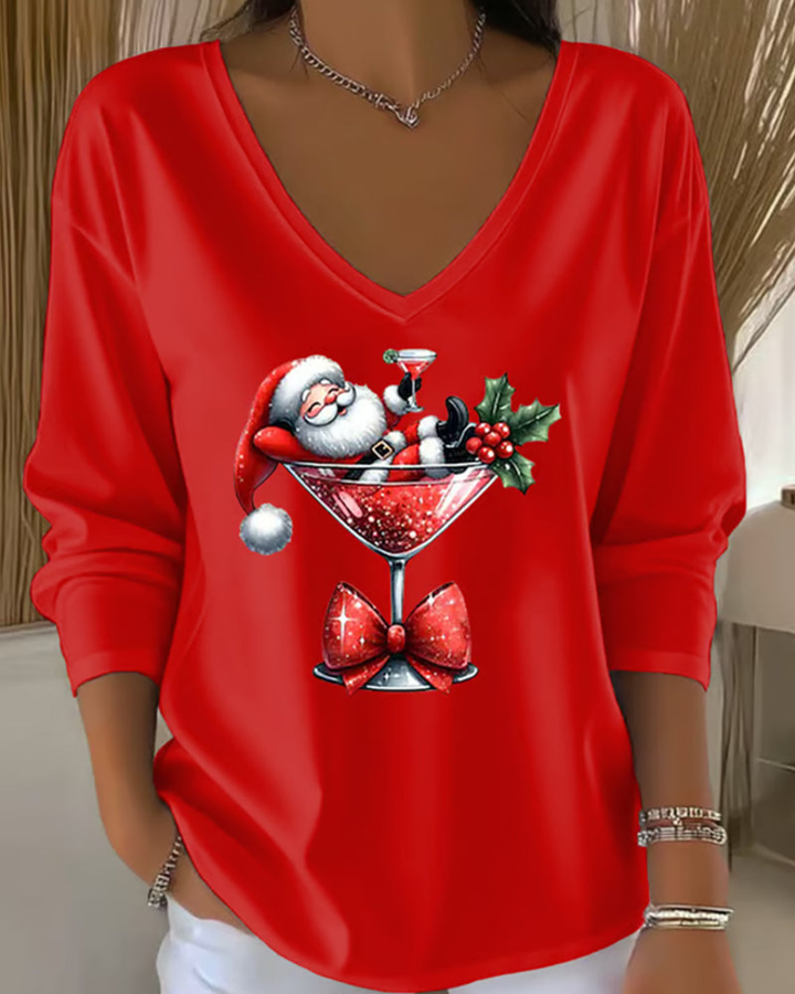 Noelle | Women's Cotton Christmas Graphic V-Neck Long-Sleeve Top