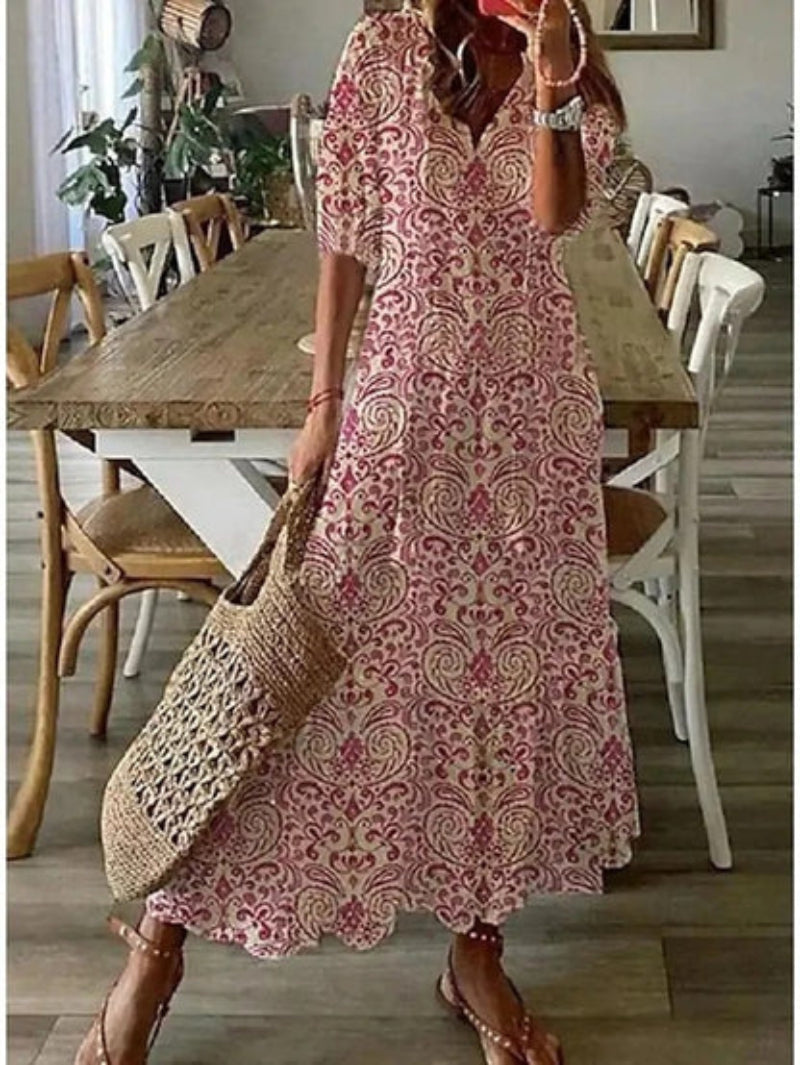 Noor | Women's Cotton Print Tassel-Tie Tiered Maxi Dress Casual