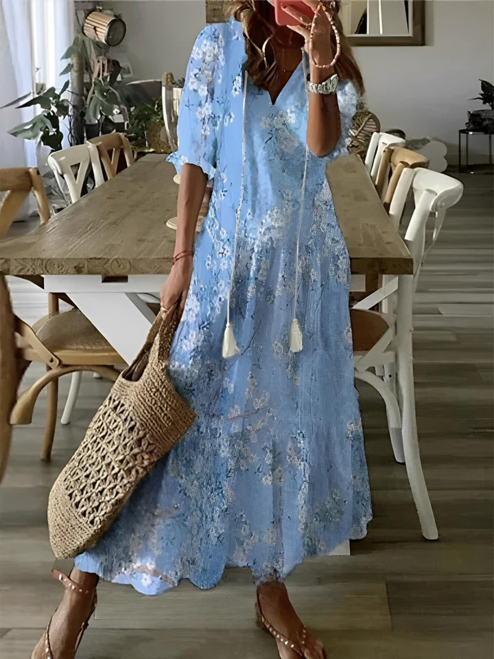 Noor | Women's Cotton Print Tassel-Tie Tiered Maxi Dress Casual