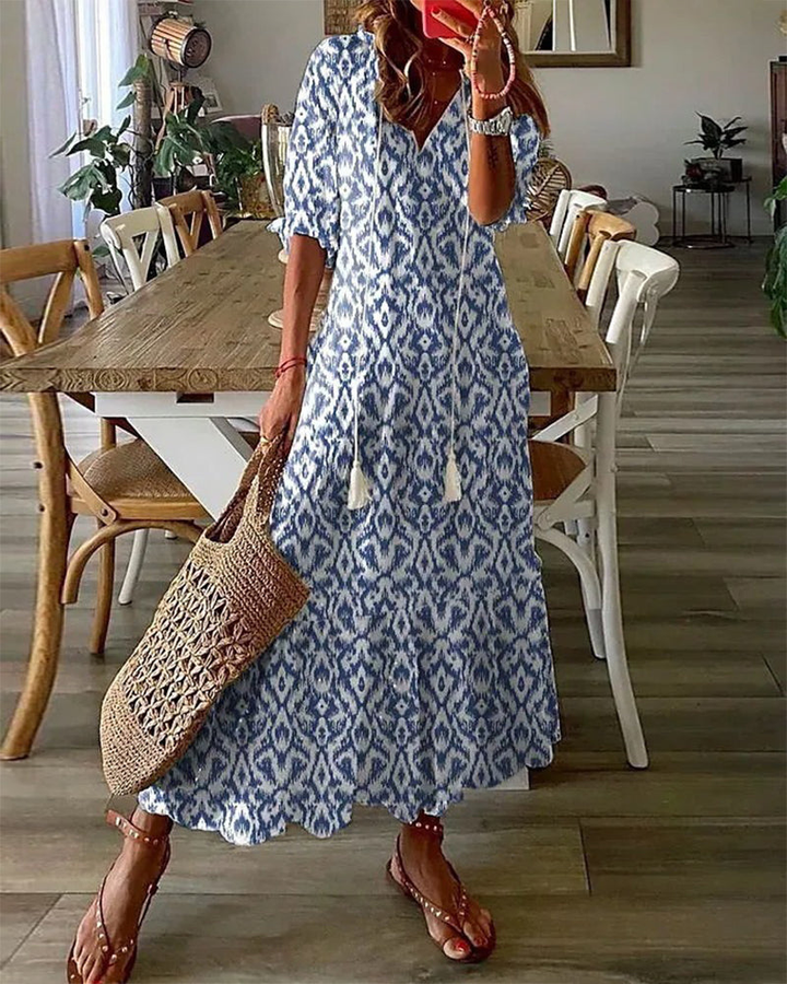 Noor | Women's Cotton Print Tassel-Tie Tiered Maxi Dress Casual