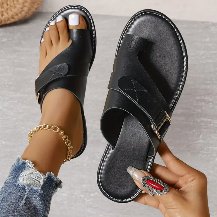 Noor | Women's Leather Toe-Ring Buckle Flat Slide Sandals