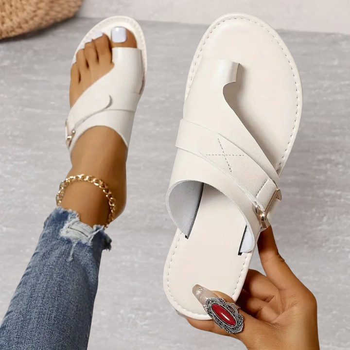 Noor | Women's Leather Toe-Ring Buckle Flat Slide Sandals