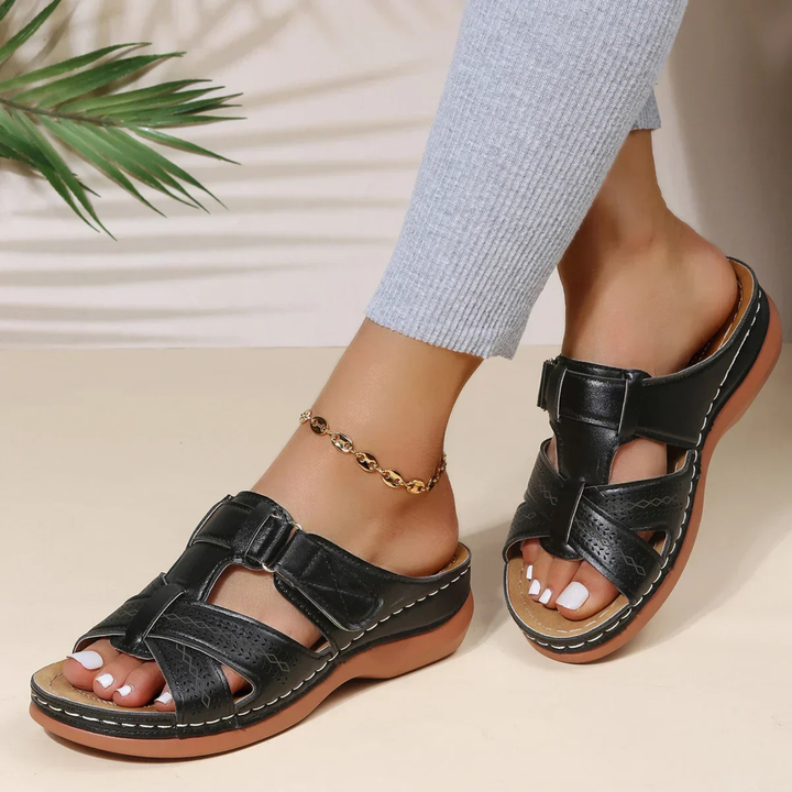 Noor | Women's Orthopedic Leather Perforated Wedge Slide Sandals