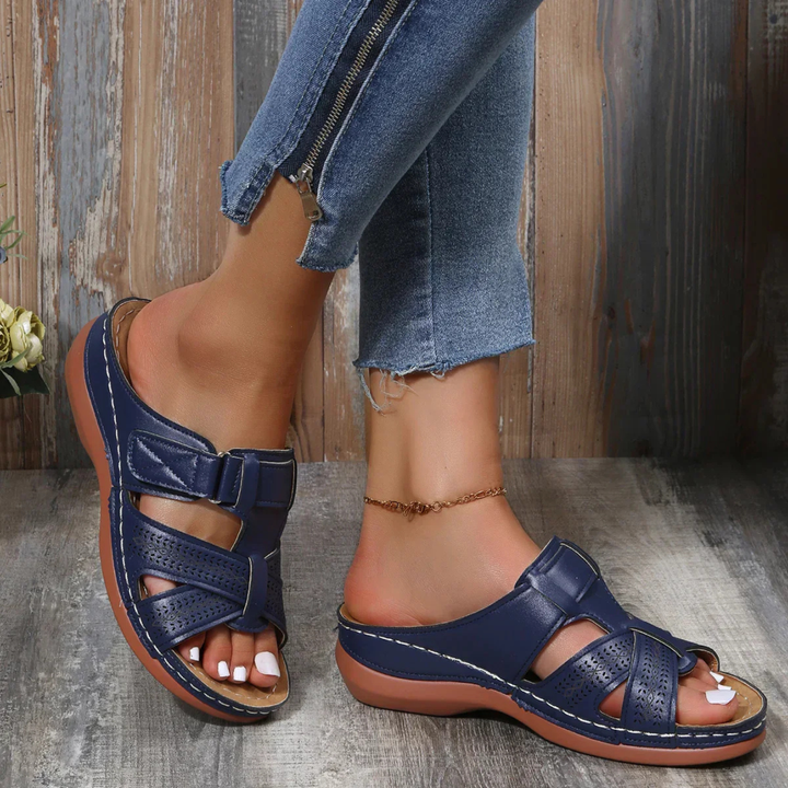 Noor | Women's Orthopedic Leather Perforated Wedge Slide Sandals