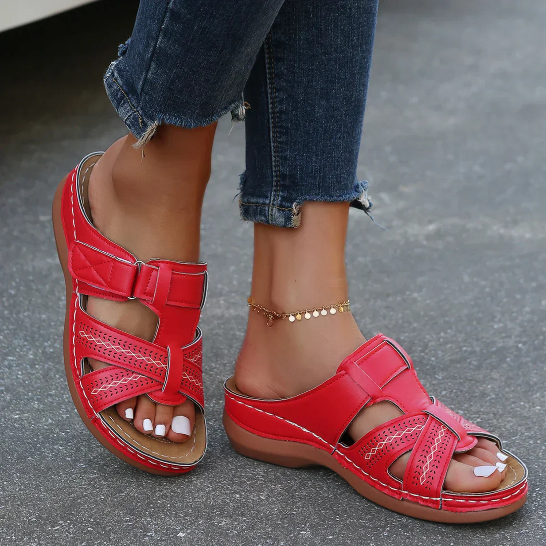Noor | Women's Orthopedic Leather Perforated Wedge Slide Sandals