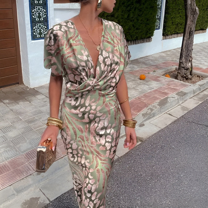 Alina's Garden Glow | Printed Wrap Midi Dress