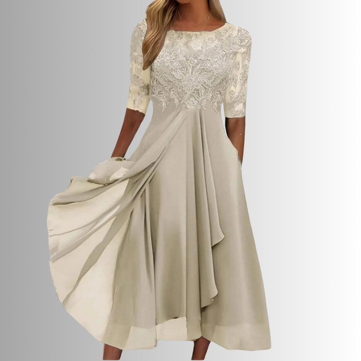 Odette | Women's Chiffon Lace-Bodice Short-Sleeve Midi Dress Elegant