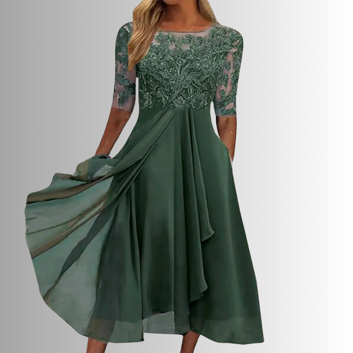 Odette | Women's Chiffon Lace-Bodice Short-Sleeve Midi Dress Elegant