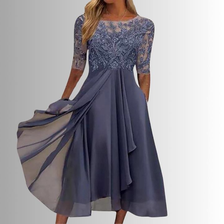 Odette | Women's Chiffon Lace-Bodice Short-Sleeve Midi Dress Elegant