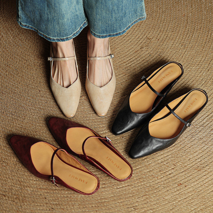 Odette | Women's Leather Pointed-Toe Buckle Strap Flats