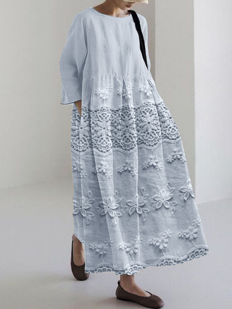 Odette | Women's Linen Floral Detail Relaxed Maxi Dress