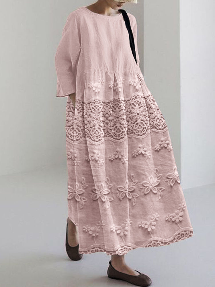 Odette | Women's Linen Floral Detail Relaxed Maxi Dress