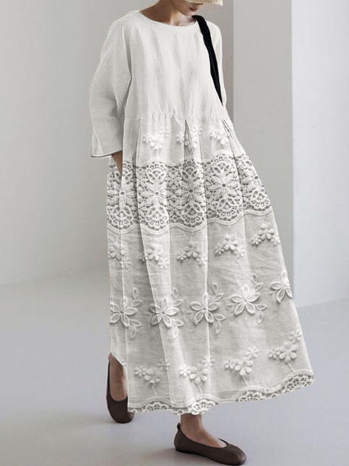 Odette | Women's Linen Floral Detail Relaxed Maxi Dress