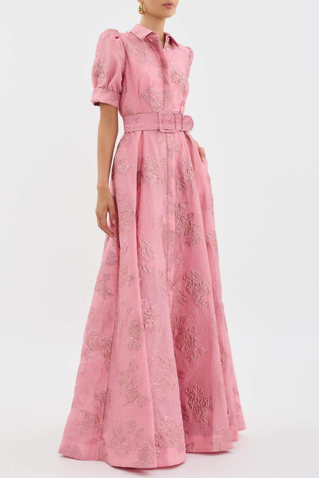 Odette | Women's Satin Jacquard Belted Shirt Maxi Dress Elegant