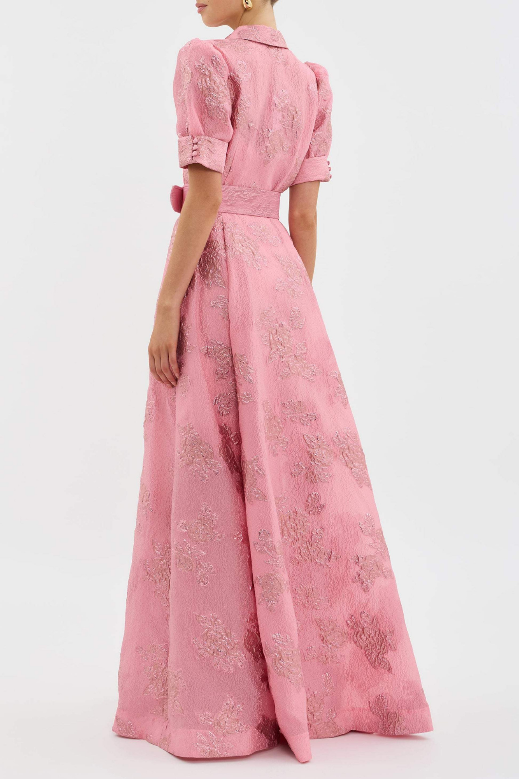 Odette | Women's Satin Jacquard Belted Shirt Maxi Dress Elegant