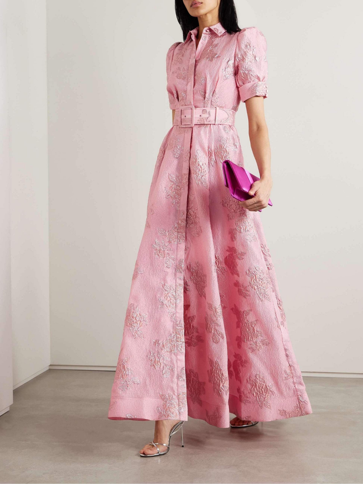Odette | Women's Satin Jacquard Belted Shirt Maxi Dress Elegant