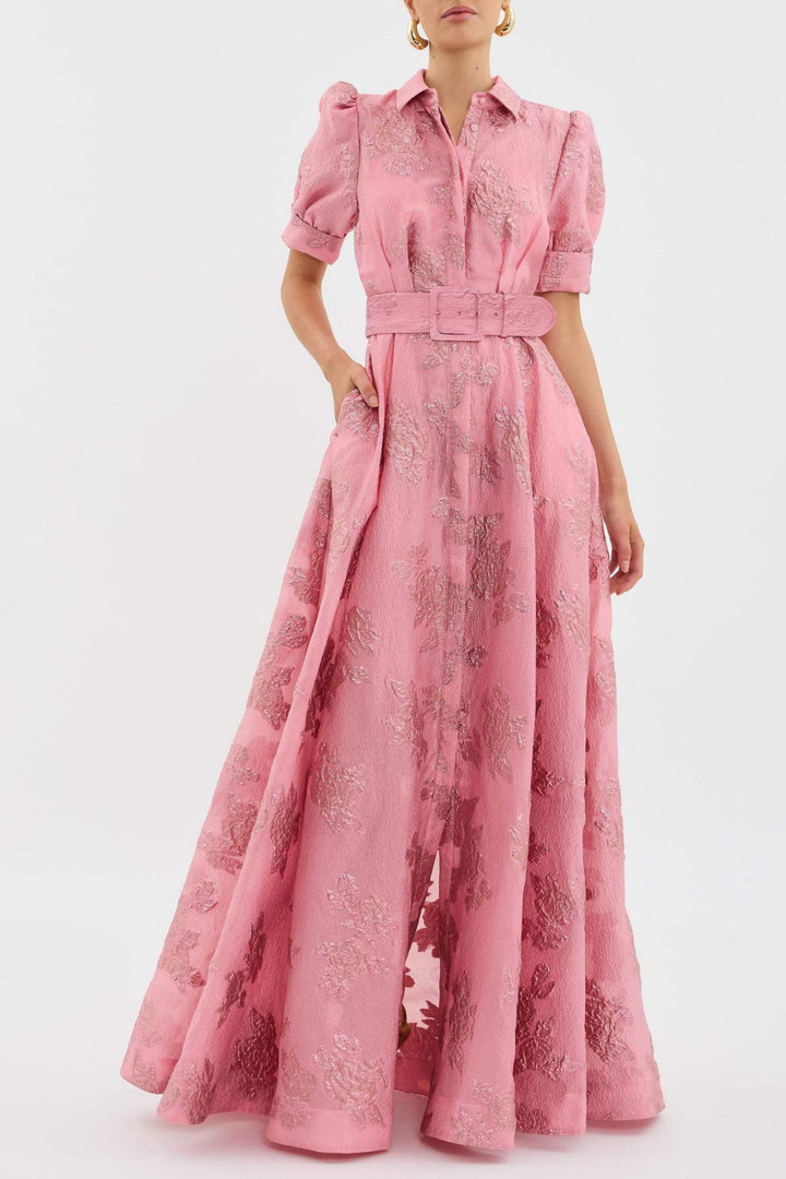 Odette | Women's Satin Jacquard Belted Shirt Maxi Dress Elegant