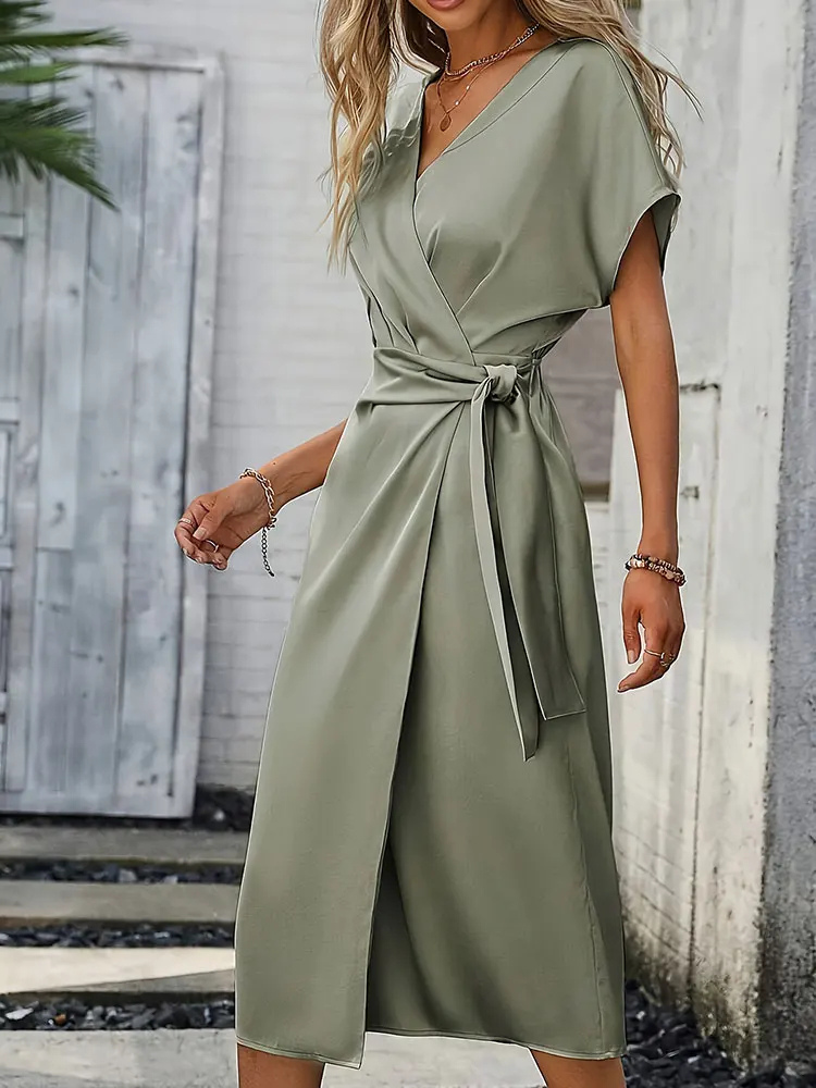 Ophelia | Women's Satin V-Neck Tie-Waist Wrap Midi Dress Elegant