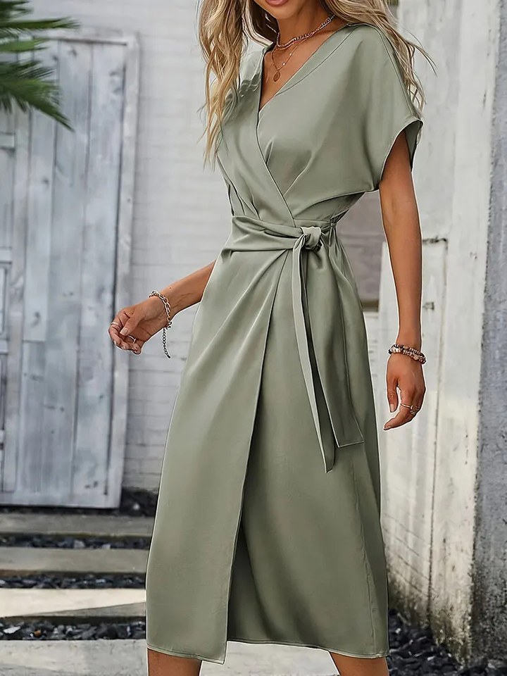 Ophelia | Women's Satin V-Neck Tie-Waist Wrap Midi Dress Elegant