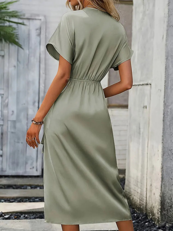 Ophelia | Women's Satin V-Neck Tie-Waist Wrap Midi Dress Elegant