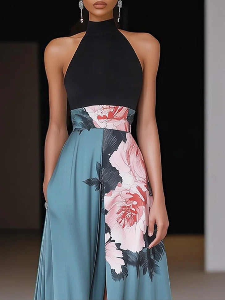 Ottie | Women's Blue Satin Floral Print Halter Neck Maxi Dress Elegant