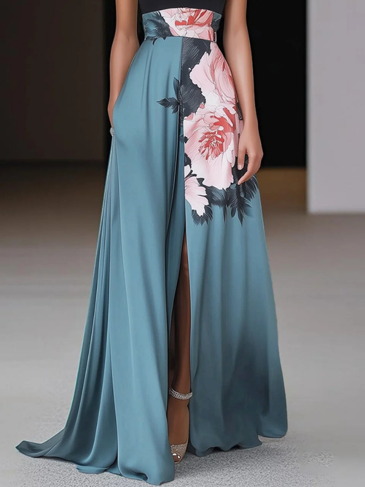 Ottie | Women's Blue Satin Floral Print Halter Neck Maxi Dress Elegant