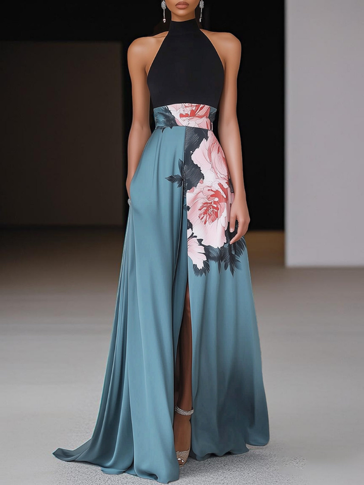 Ottie | Women's Blue Satin Floral Print Halter Neck Maxi Dress Elegant