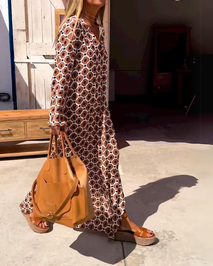 Ottilie | Women's Cotton Geo Print Long-Sleeve V-Neck Maxi Dress