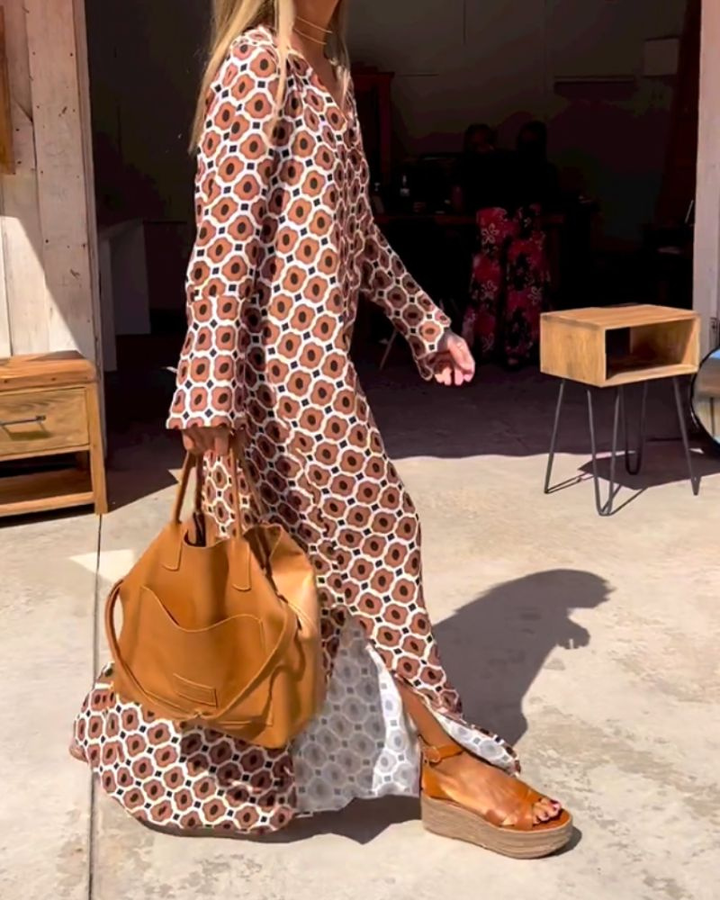 Ottilie | Women's Cotton Geo Print Long-Sleeve V-Neck Maxi Dress