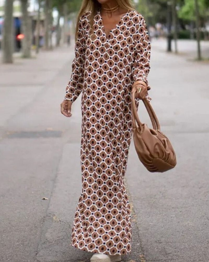 Ottilie | Women's Cotton Geo Print Long-Sleeve V-Neck Maxi Dress