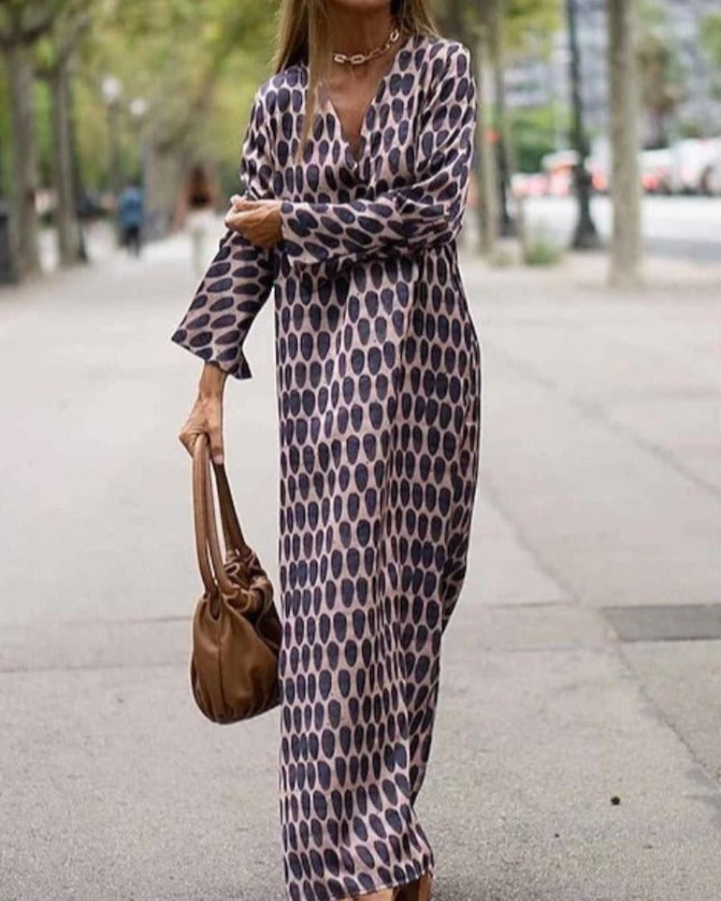 Ottilie | Women's Cotton Geo Print Long-Sleeve V-Neck Maxi Dress