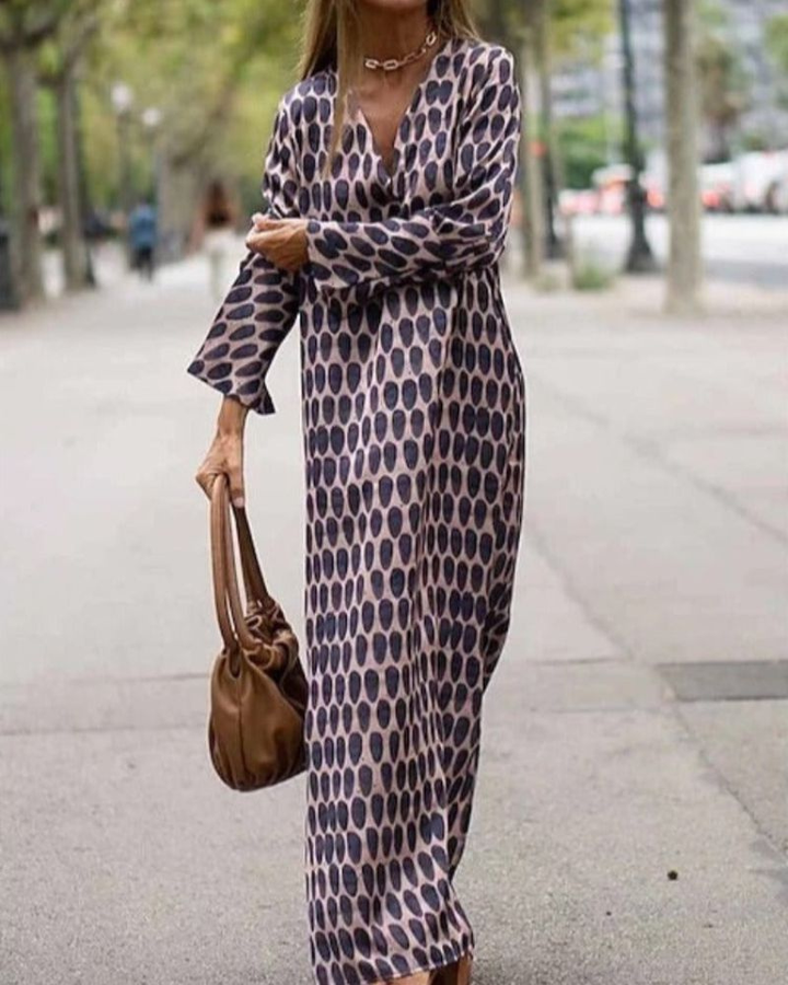 Ottilie | Women's Cotton Geo Print Long-Sleeve V-Neck Maxi Dress